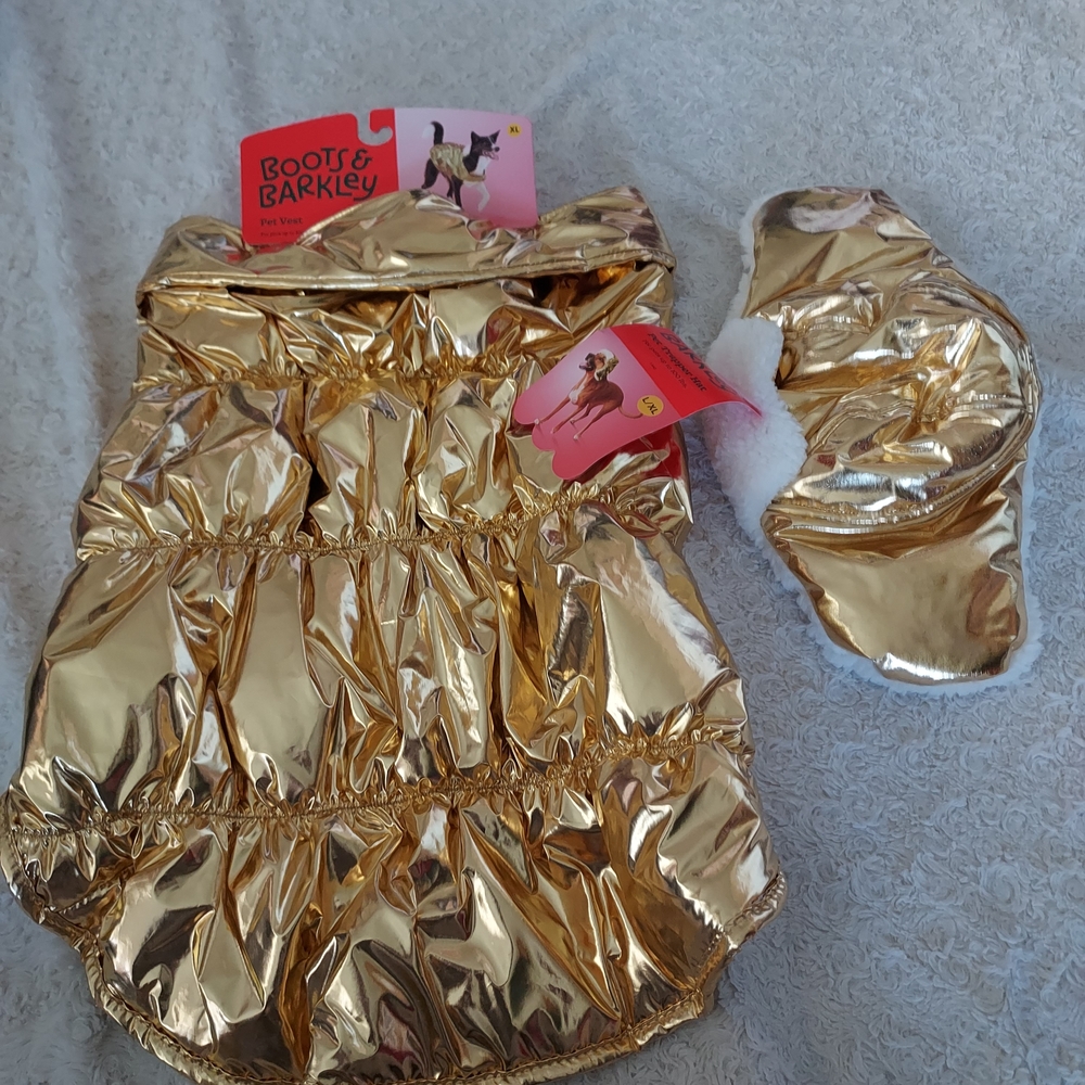 Boots & Barkley XL Stylish Gold Dog Vest Coat and Trapper Hat Outfit Winter